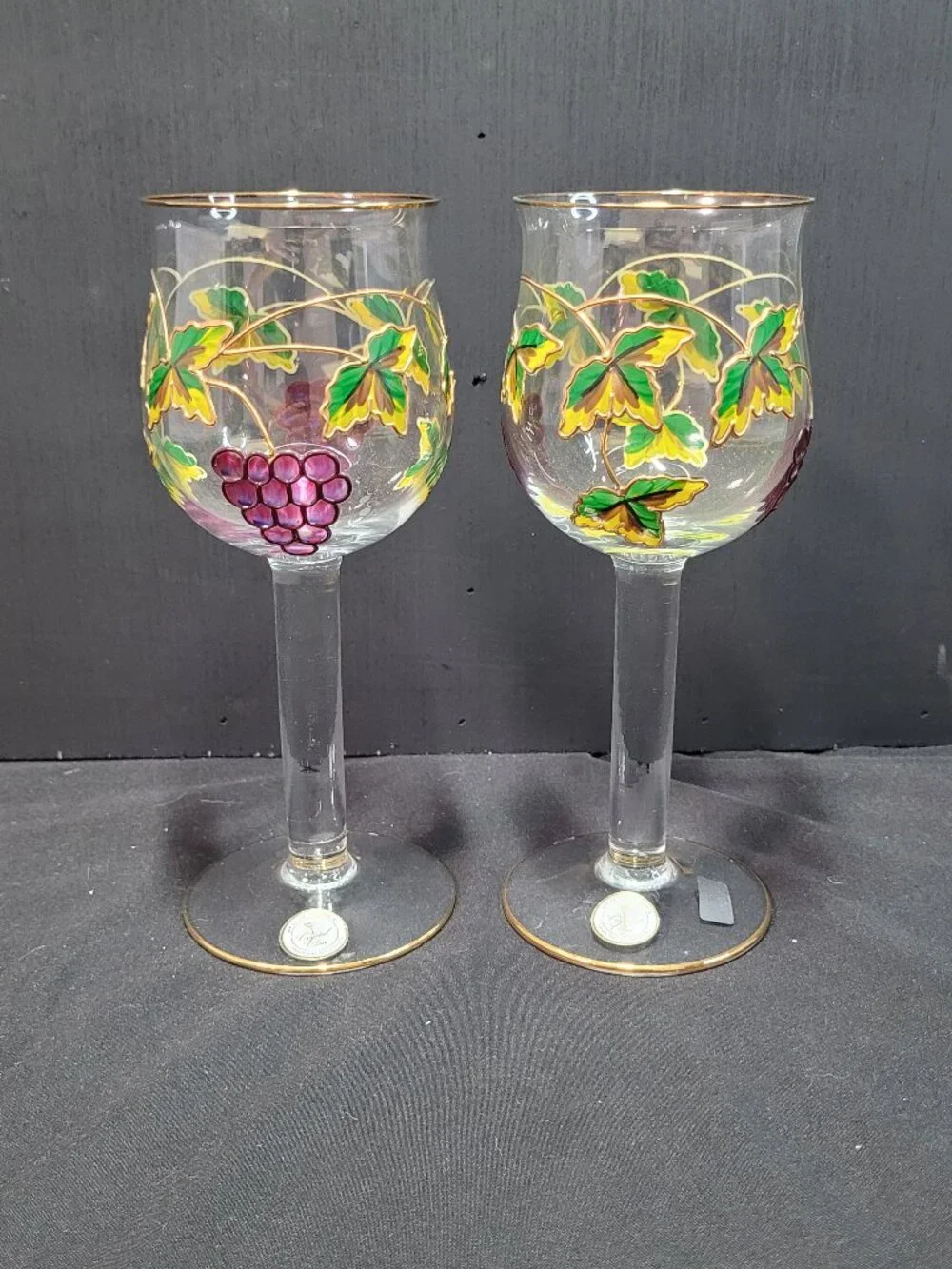 2 VINTAGE GRAPE &LEAF GOBLETS MADE IN ROMANIA RAISED DESIGN